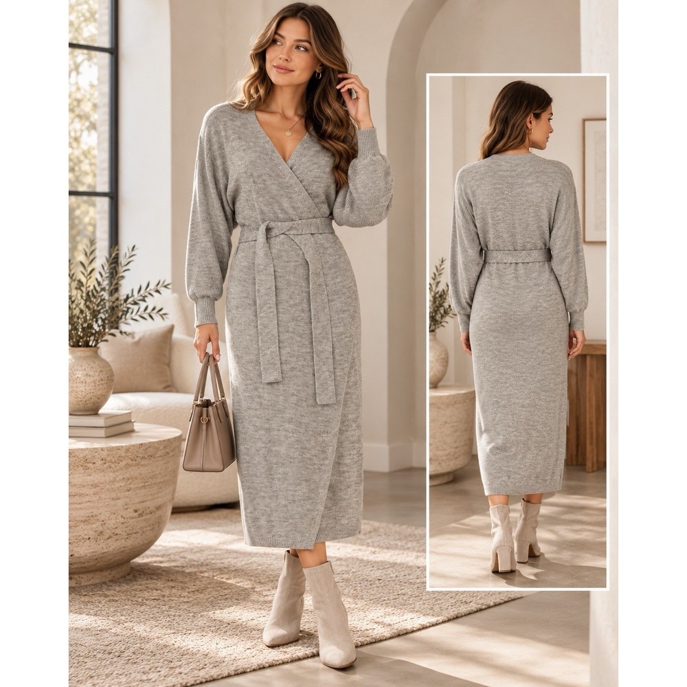 MABLE MD2515 Gray Knit Wrap Maxi Dress S/M Belted Long Sleeve Minimalist Luxury